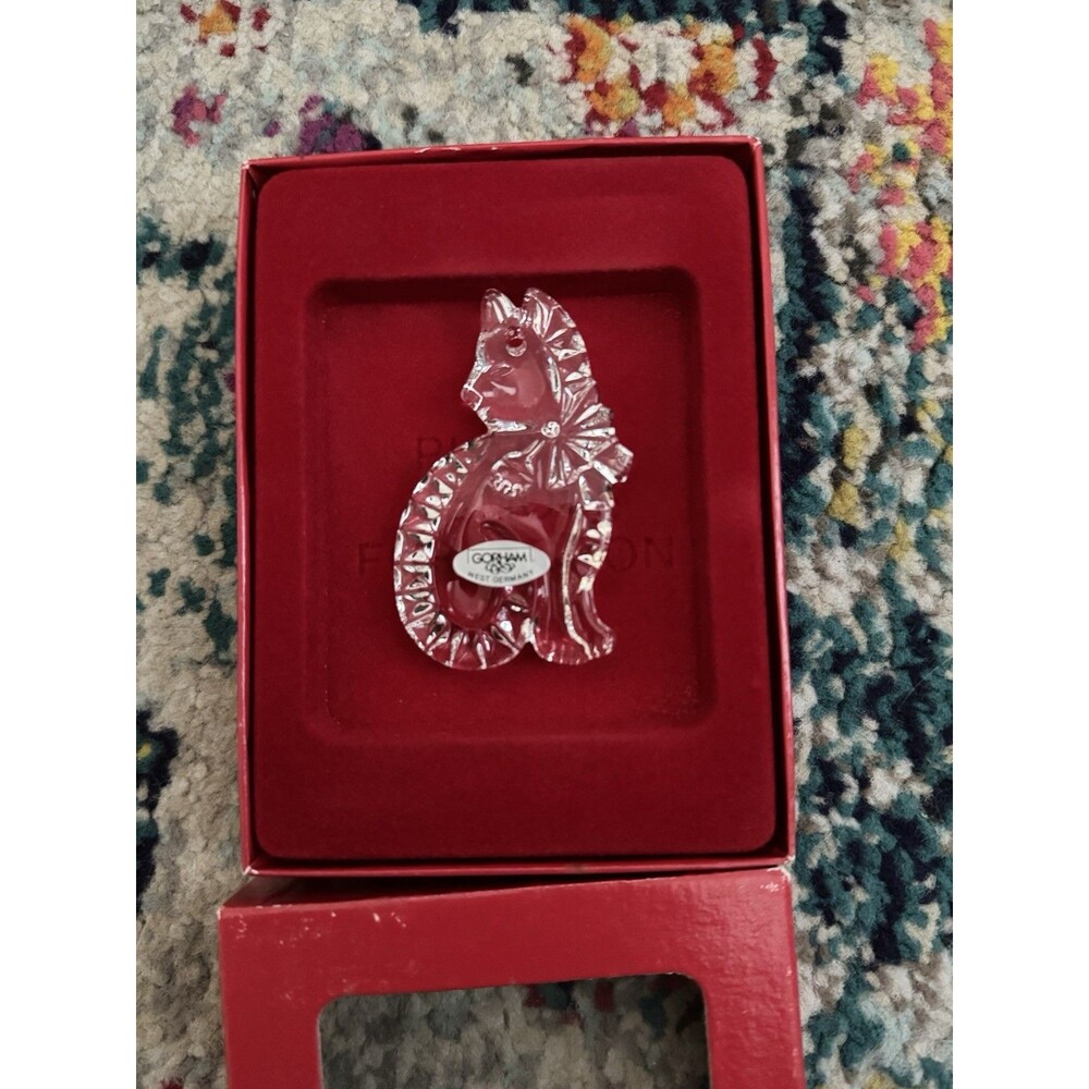 Gorham Crystal Cat Ornament Christmas Cut Original Box Germany Lead Vintage